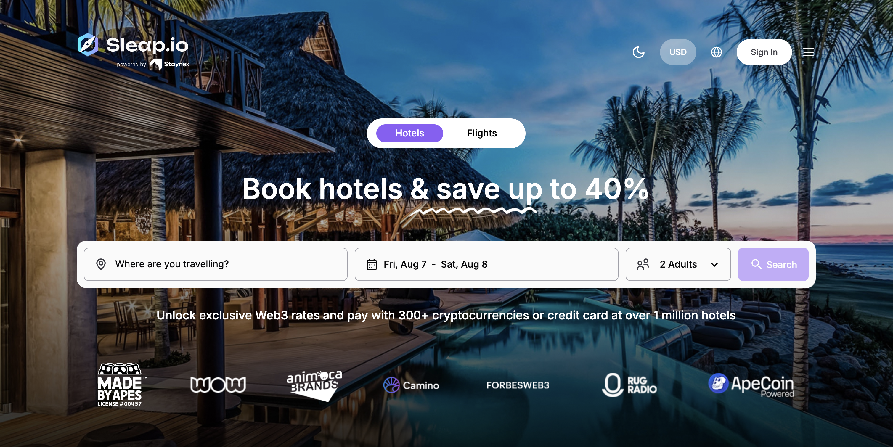 Sleap.io — Web3 hotel booking platform homepage